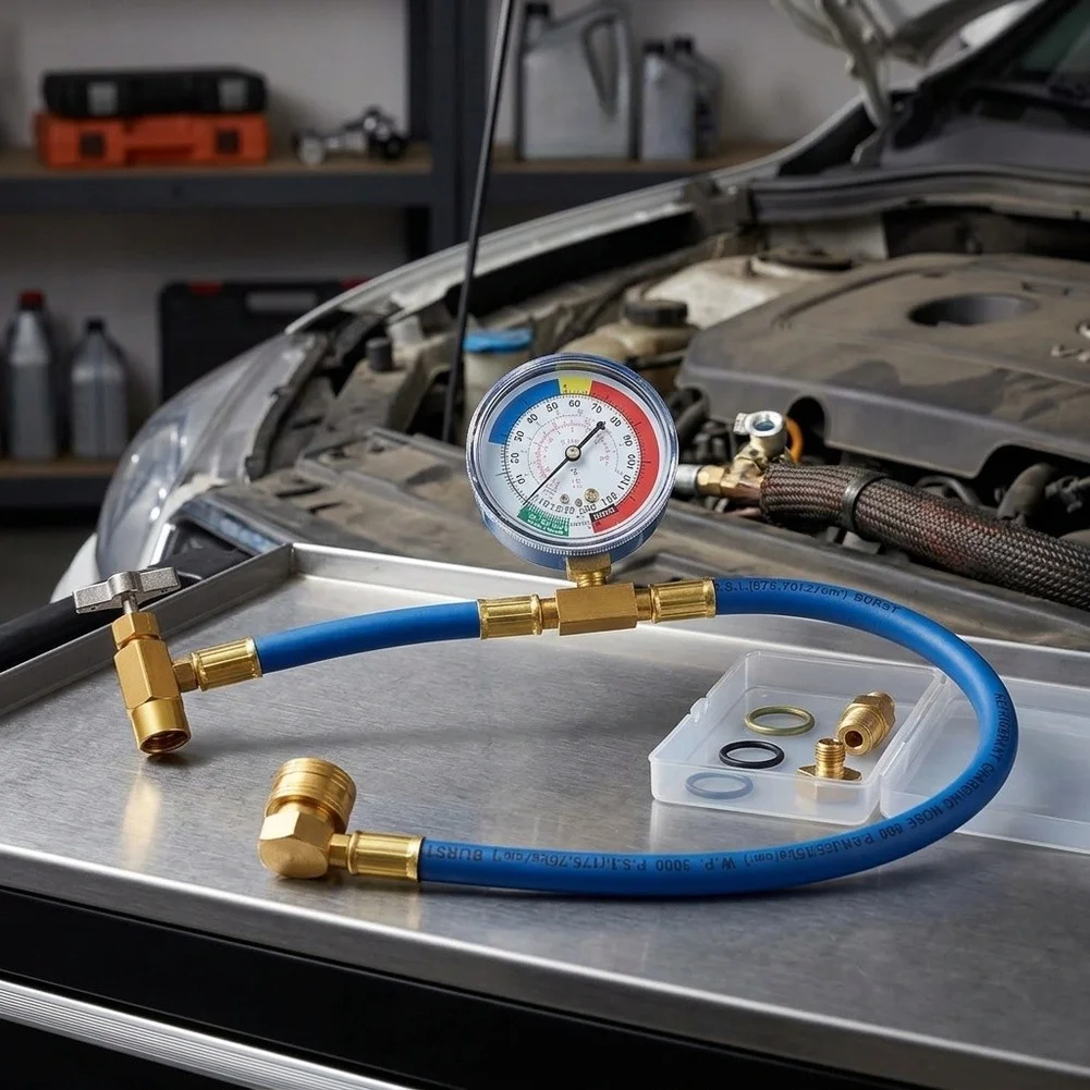 R134A Air Conditioning Charging Hose with 12 Inch Connector Valve and Precision Pressure Gauge for System Checks