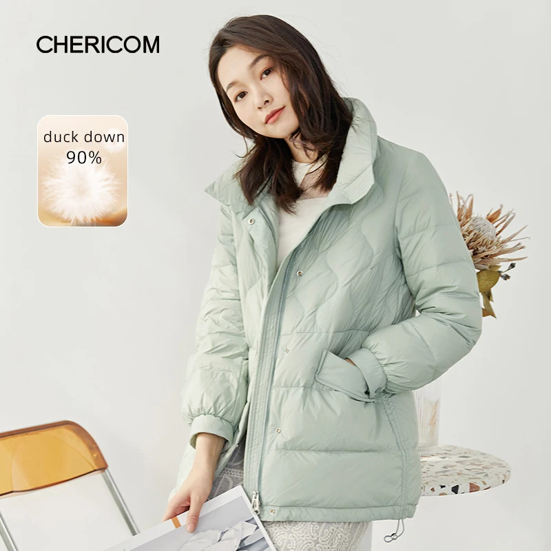 Chericom Jaqueta feminina leve com gola alta e cordão na cintura, corte reto, zíper frontal com bolsos inclinados Y279066Y-1