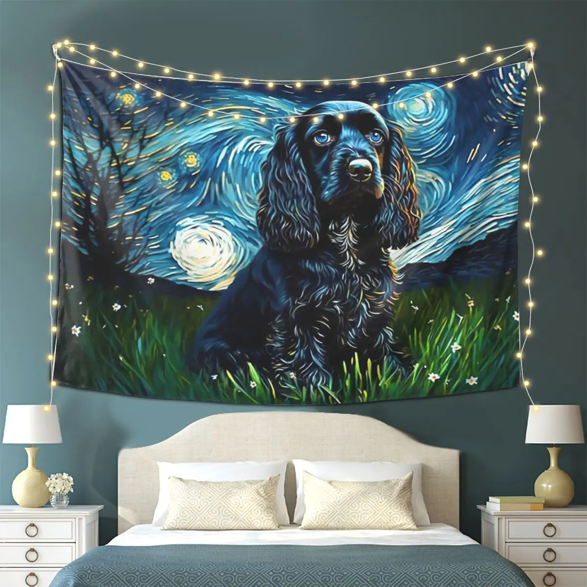 A Cocker Spaniel Puppy Starry Night Tapestry Wall Hanging Aesthetic Home Decor Tapestries for Dorm Room