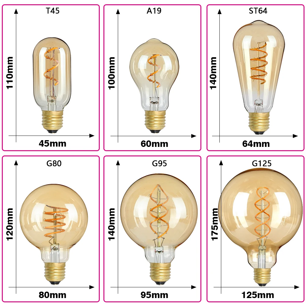 E27 LED خيوط ضوء لمبة 220 فولت 4 واط A60 ST64 T45 T185 G80 G95 G125 الرجعية خمر أمبولات LED اديسون مصباح دوامة لمبة للمنزل