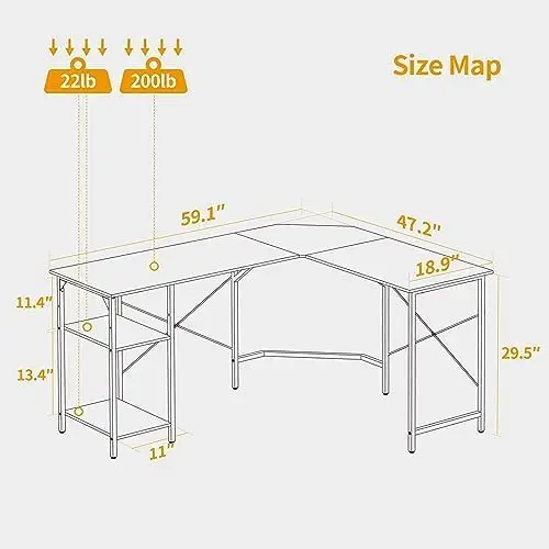 Mesa de canto reversível com prateleiras de armazenamento, marrom rústico, Home Office Desk, Escrita e Gaming Study, 59,1 in