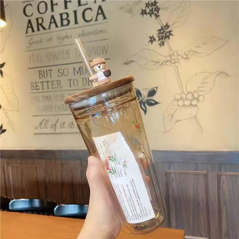 Cherry Coffee Mug Drink Farmer Bear Double Coffee Cup With Straw High Borosilicate Glass Drinkware Durable Gift Free Shipping