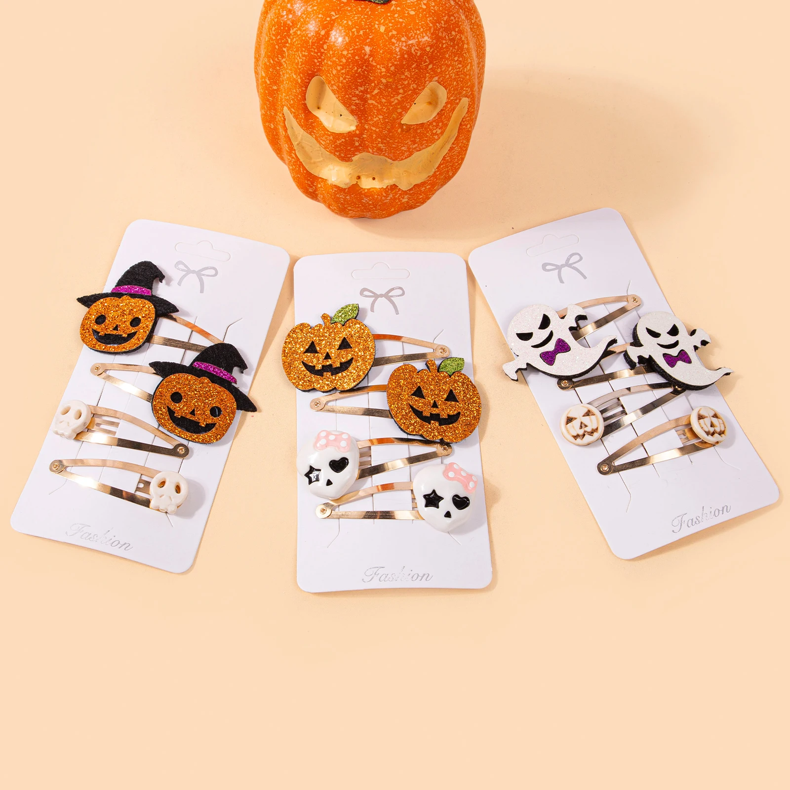 1 set, Halloween Sparkling Hair Clip Set, Pumpkin Ghost Head Bone Bat Pattern Felt BB Hair Clip. view 6