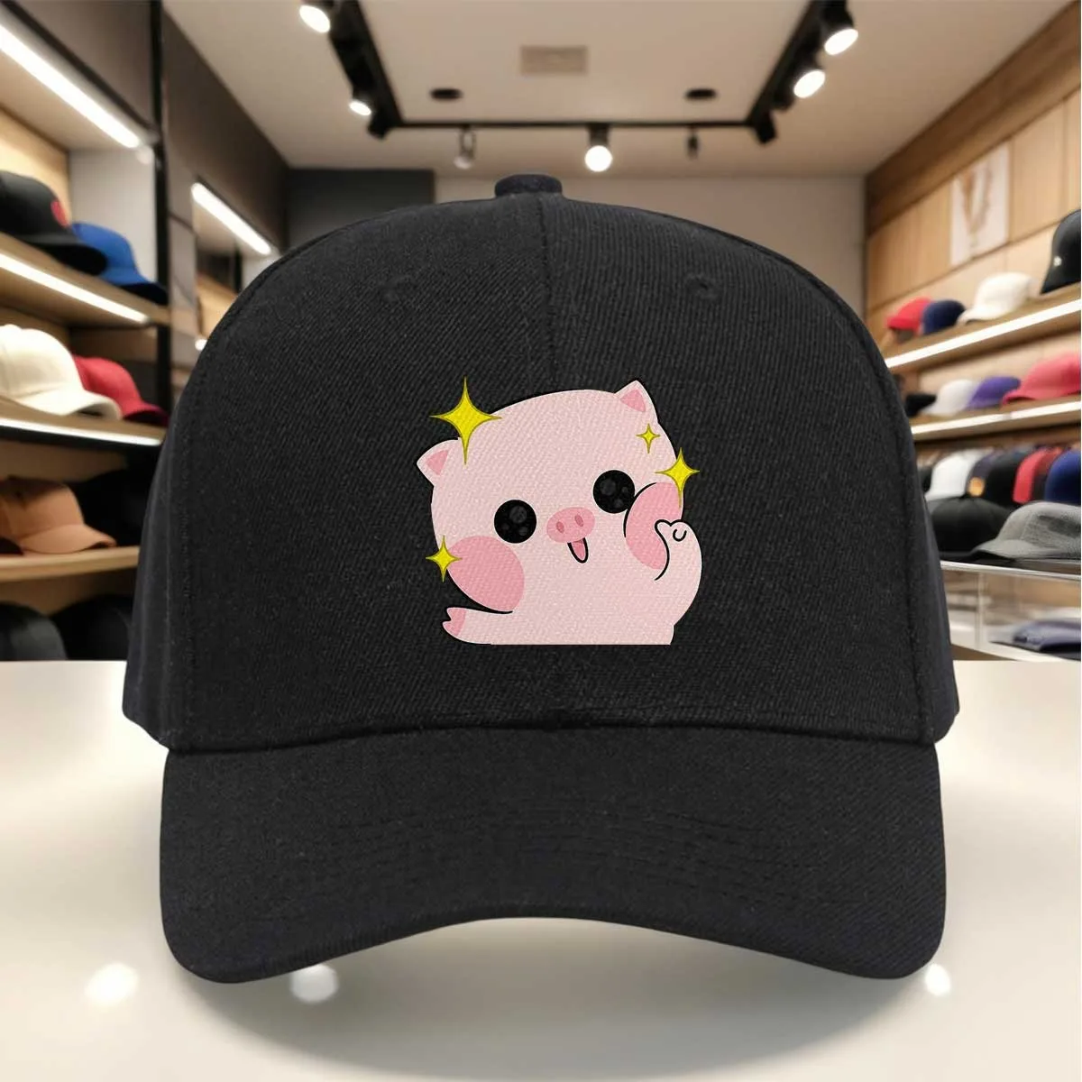 & Pink Pig Baseball Cap with Sparkles - Soft Adjustable Hat Suitable for, Parties,, Graduation, Machine Washable Round Cap with