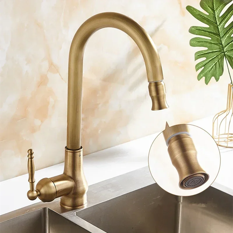 

Kitchen Faucet Pull Out Cold and Hot Faucet Washing Basin Rotatable Basin Sink Taps Anti Splash Antique Bronze Kitchen Water Tap