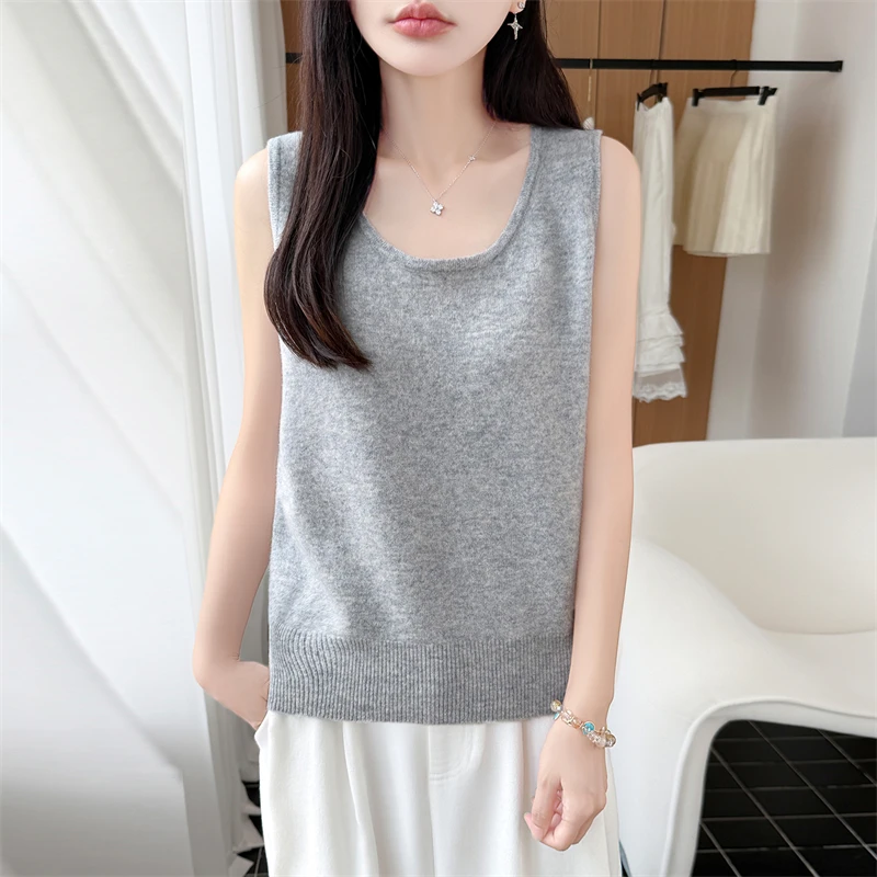 Spring Autumn 100% Merino Wool Sweater Woman O-Neck Wide Strap Knit Camisole Solid Color Minimalist Casual Sleeveless Vest