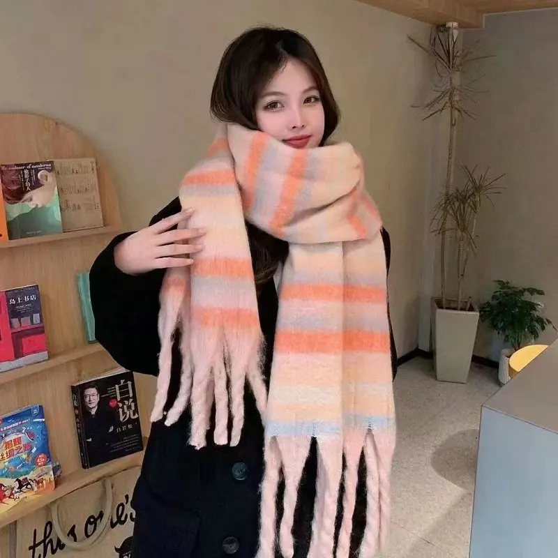 Rainbow Stripe Scarf for Women, Colorful Plaid Wrap, Soft Chunky Knit Scarf, Retro Y2K Fashion Scarf, Cozy Winter Accessory