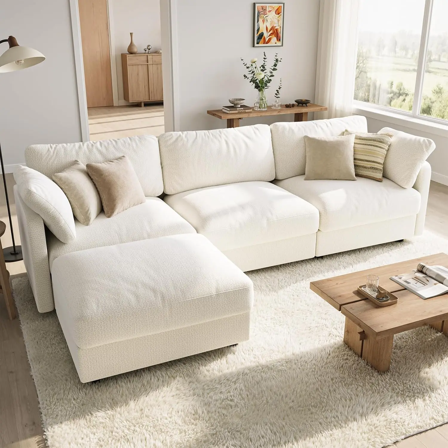 114" Cloud Couch Sectional Couches for Living Room Warm White | 10" High-Resilience Cloud Cushion, 36" Movable, Customized