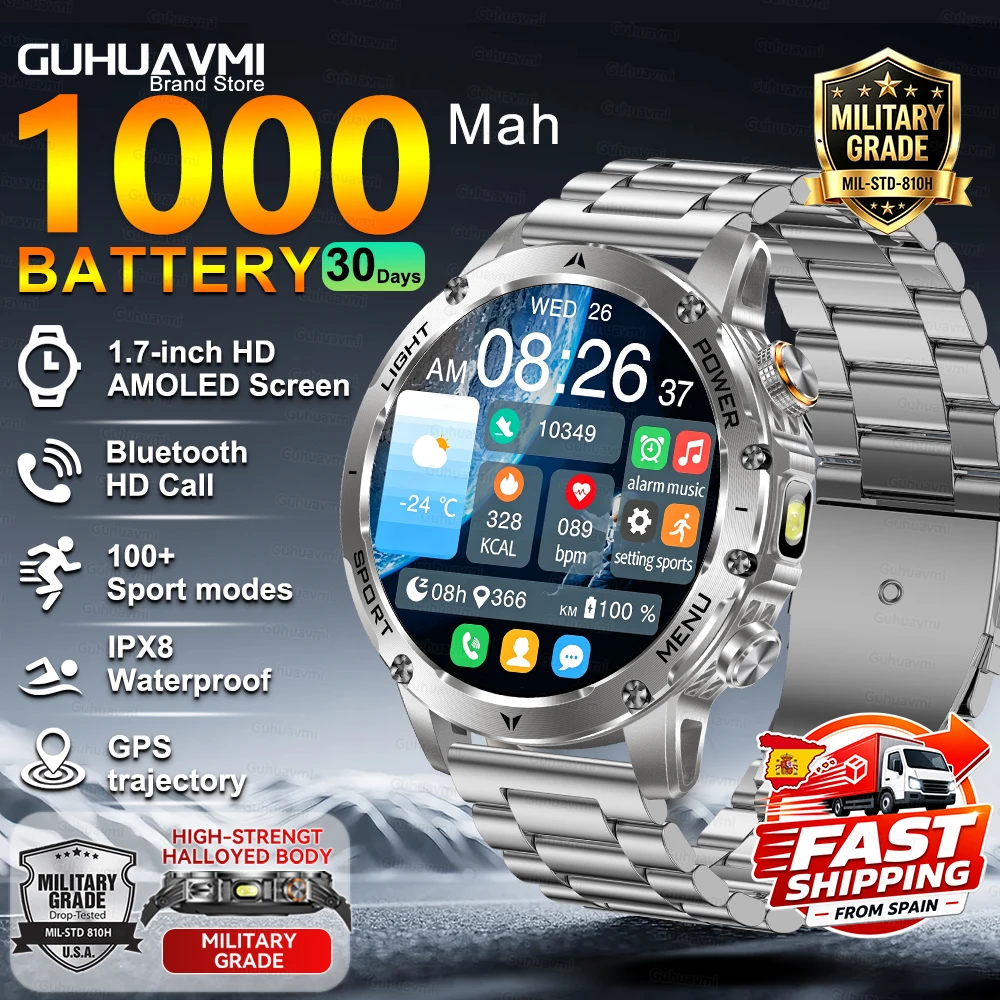 [EU Local Delivery] Men's Sport Smartwatch with Bluetooth Call, AMOLED Sapphire, 1000mAh, Fitness Band, Data Tracking, Waterproof, Durable, Black Steel Bracelet, Customizable Face,  Men's Sport Smartwatches