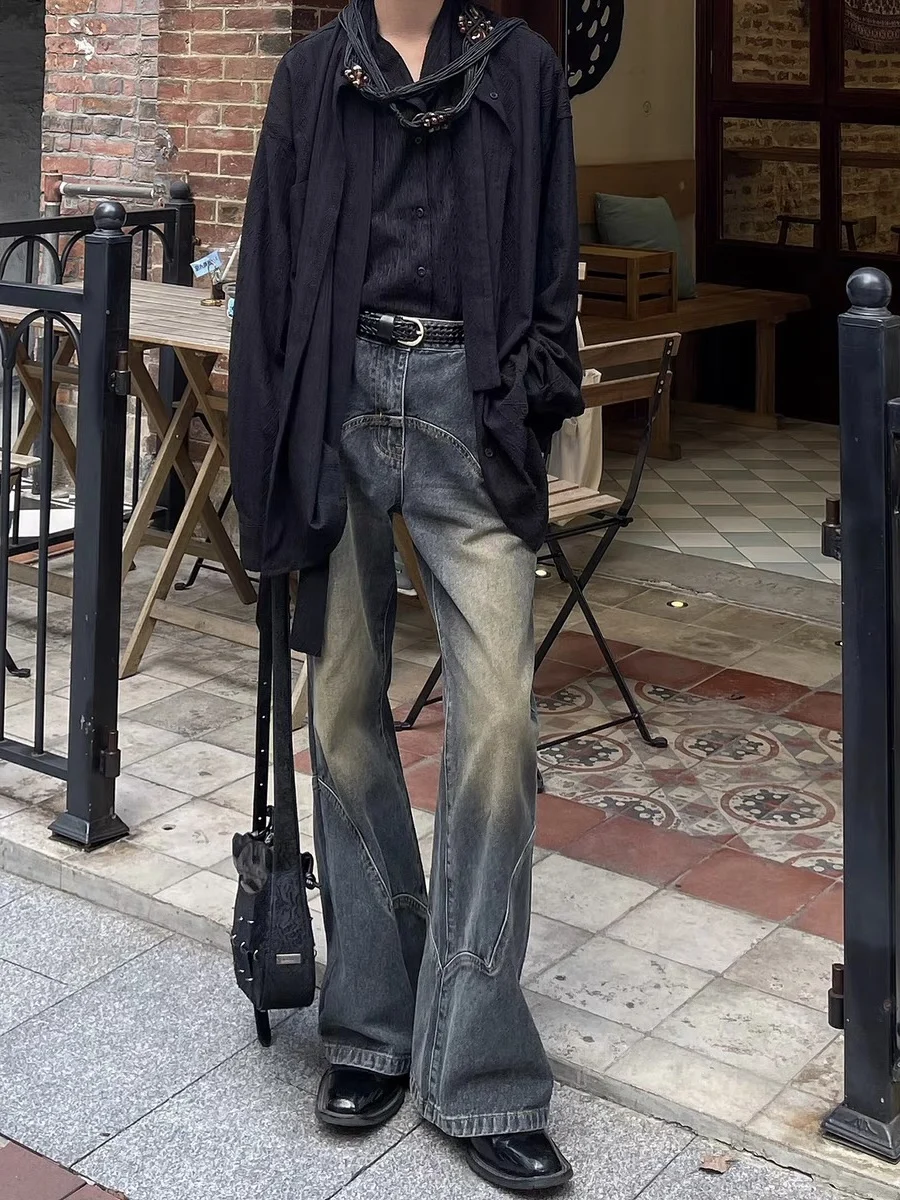 Retro American Classic Waed out Jeans Men Women Micro Flared Long Trousers Splicing Design Nostaic Vintage Sle Jeans