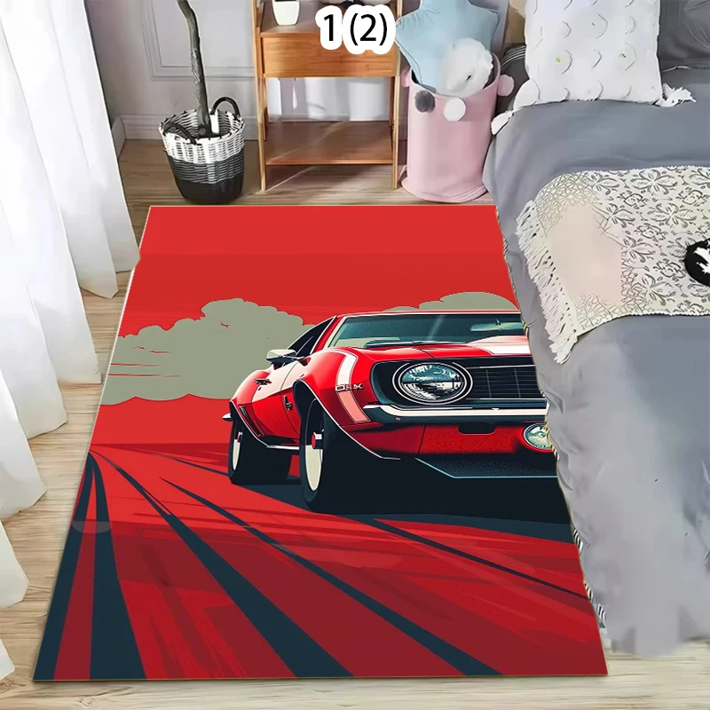 

Ковер с узором гоночного автомобиля для мужской комнаты, спальни, гостиной, декора дивана, моющийся коврик, декор для детской игровой зоны, большой напольный коврик