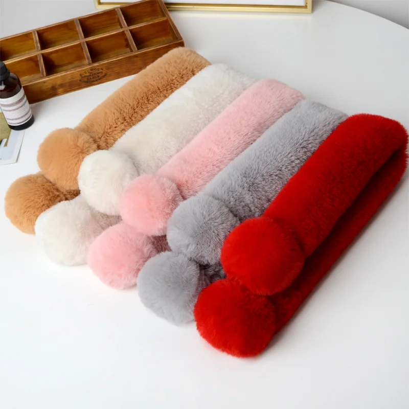 Plush Scarf Faux Rabbit Fur Pompom Thickened Soft Scarves Solid Color Autumn Winter Cold Resistant Women Neck Warmer Scarf