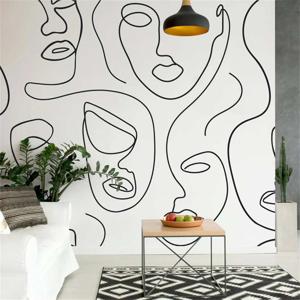 

Custom European Black and White Abstract Face Line Art Wallpaper living room Mural Bathroom Backdrop 3d Wall Paper home decor