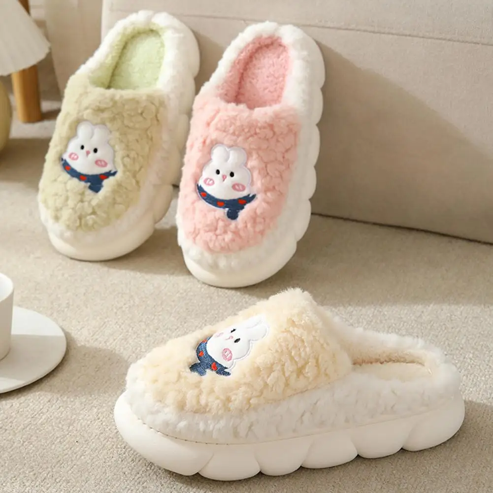 Winter Warm Slippers For Women Men Slippers Soft Bottom Heightening Cartoon Rabbit Pattern Fluffy Furry Slippers Bedroom Slides