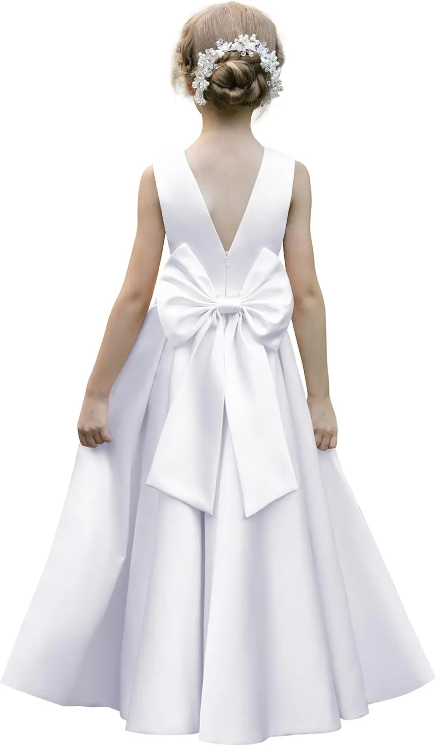 فستان فتاة الزهور من الساتان اللؤلؤي بربطة عنق، مع تصميم بدون ظهر، فستان حفلة عيد ميلاد الأميرة الجميلة، فستان التواصل #1