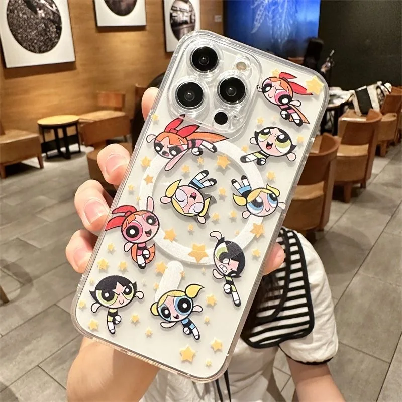 cute Powerpuffs Girls Magsafe Magnetic Phone Case for iPhone 16 15 14 13 12 11 8 7 Plus Pro Max X XR XSMax Soft Clear Tpu Cover