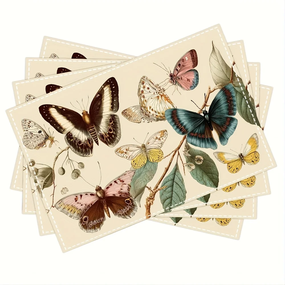 4/6/8Pc Vintage Hand Drawn Butterfly Botanical Linen Placemats Anti Slip Table Mats For Dining Kitchen Home Table Decor