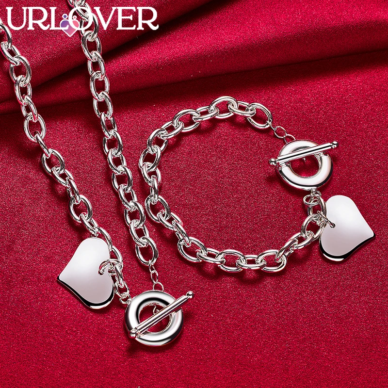 

URLOVER 2pcs/lot 925 Sterling Silver Heart Pendant Chain Necklace Bracelets Set For Woman Party Birthday Wedding Fashion Jewelry