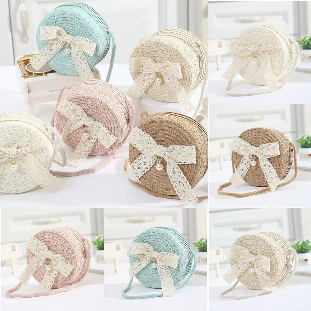 

Cute Lace Bow Straw Bag Round Lightweight Summer Beach Bag Hand-woven Zipper Kids Crossbody Purse