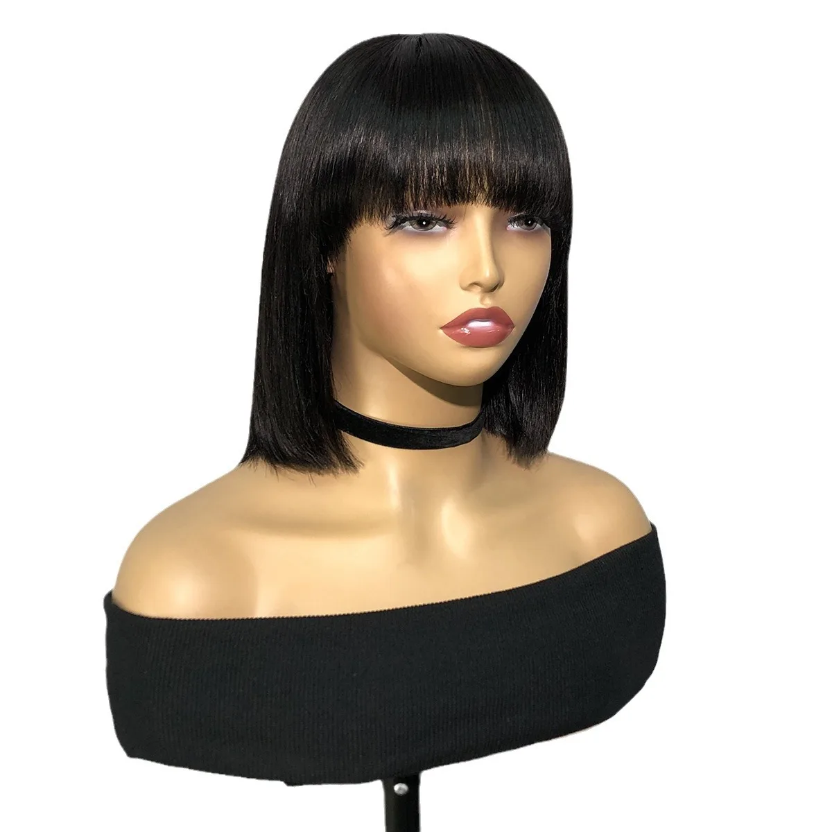 10 Inch Black Straight Human Hair Bob Wigs With Bangs 180 Density Glueless Original Human Hair Full Machine Made Wig Ideal Gift