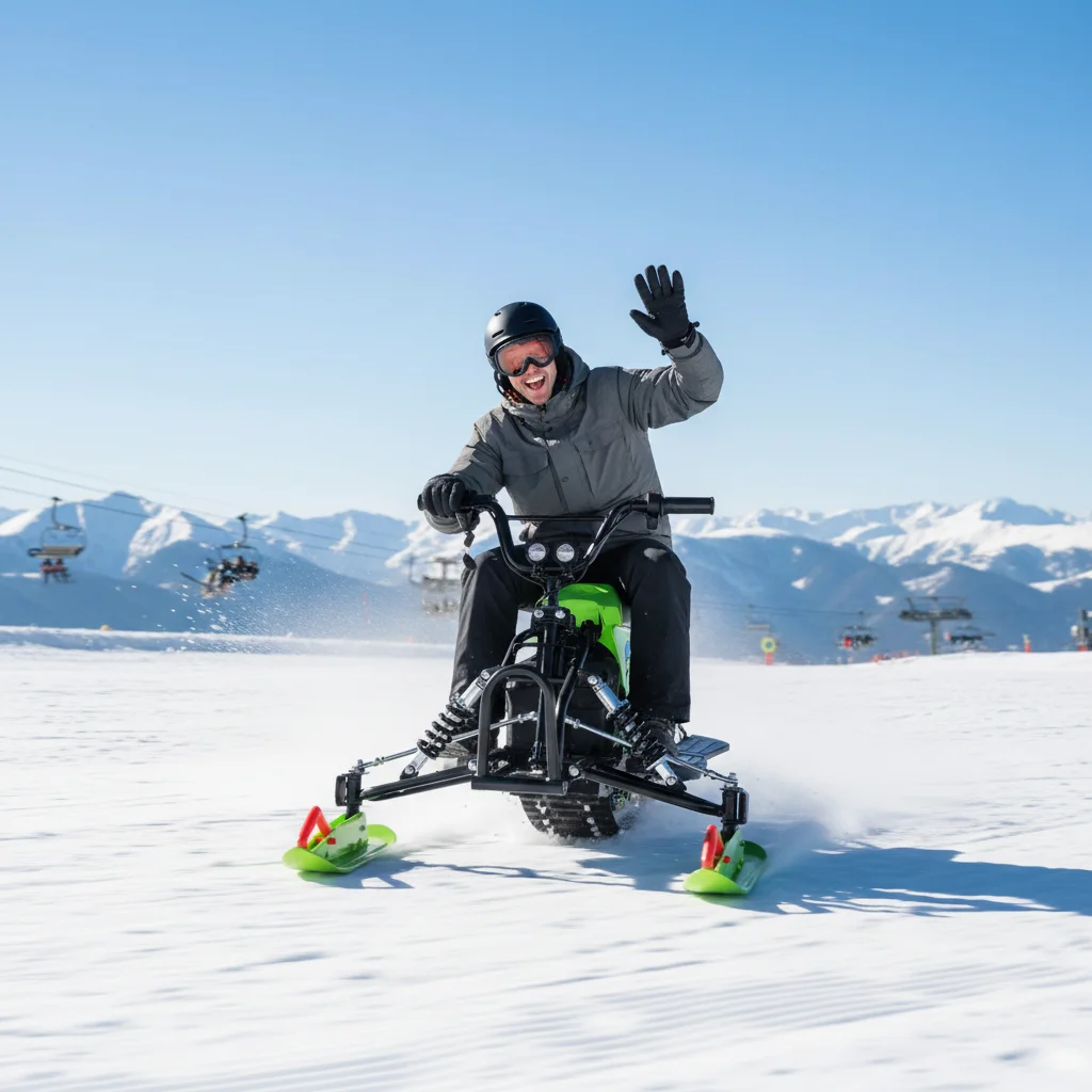 

Качественный, доступный по цене, выгодный по комплектации, бюджетный электрический снегоход с металлической рамой на 2 места для родителей и детей