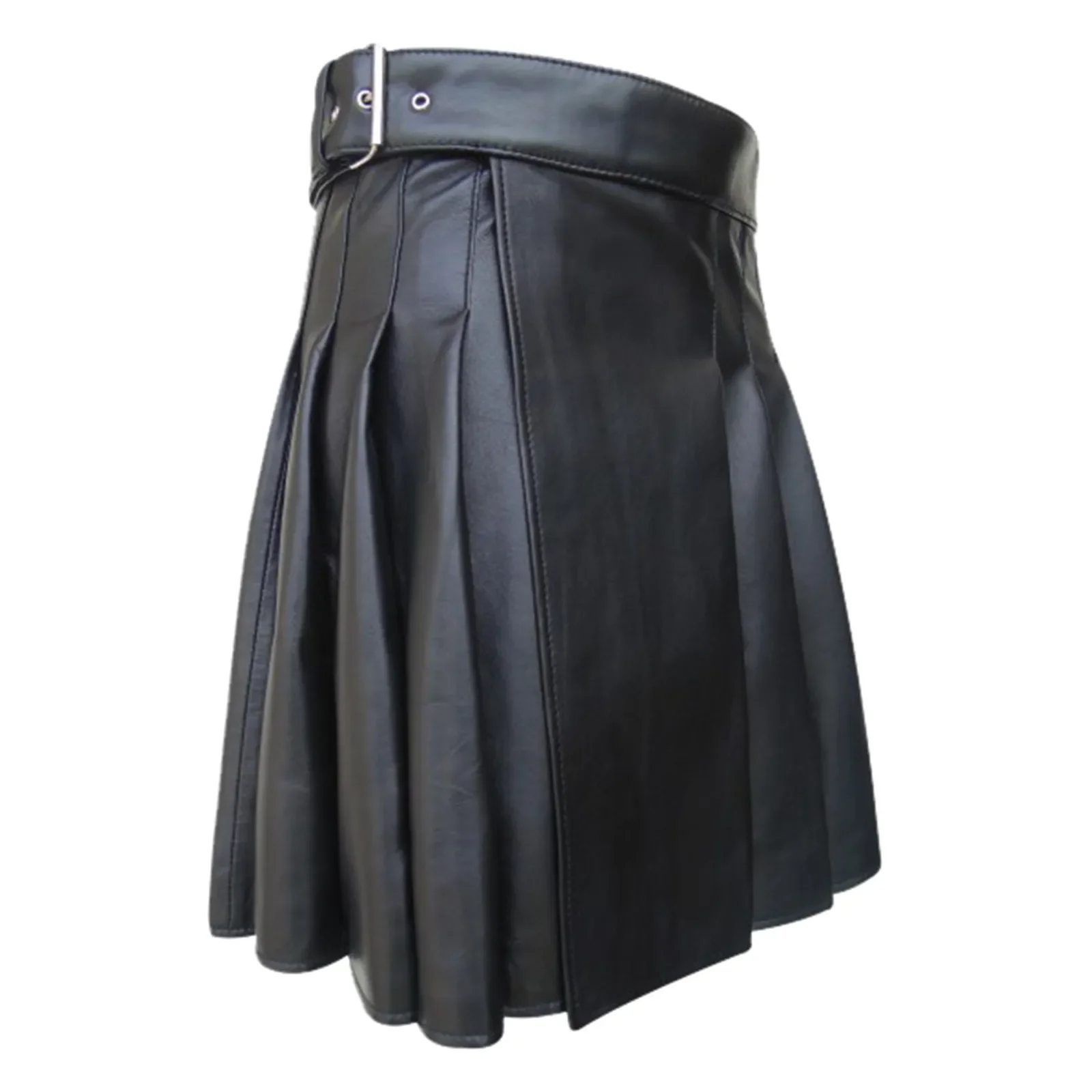 Men Scottish Traditional Pleated Skirt Fashion Scottish Style Leather Belt Solid Color Pleated Skirt Fashion Casual Men Skirt