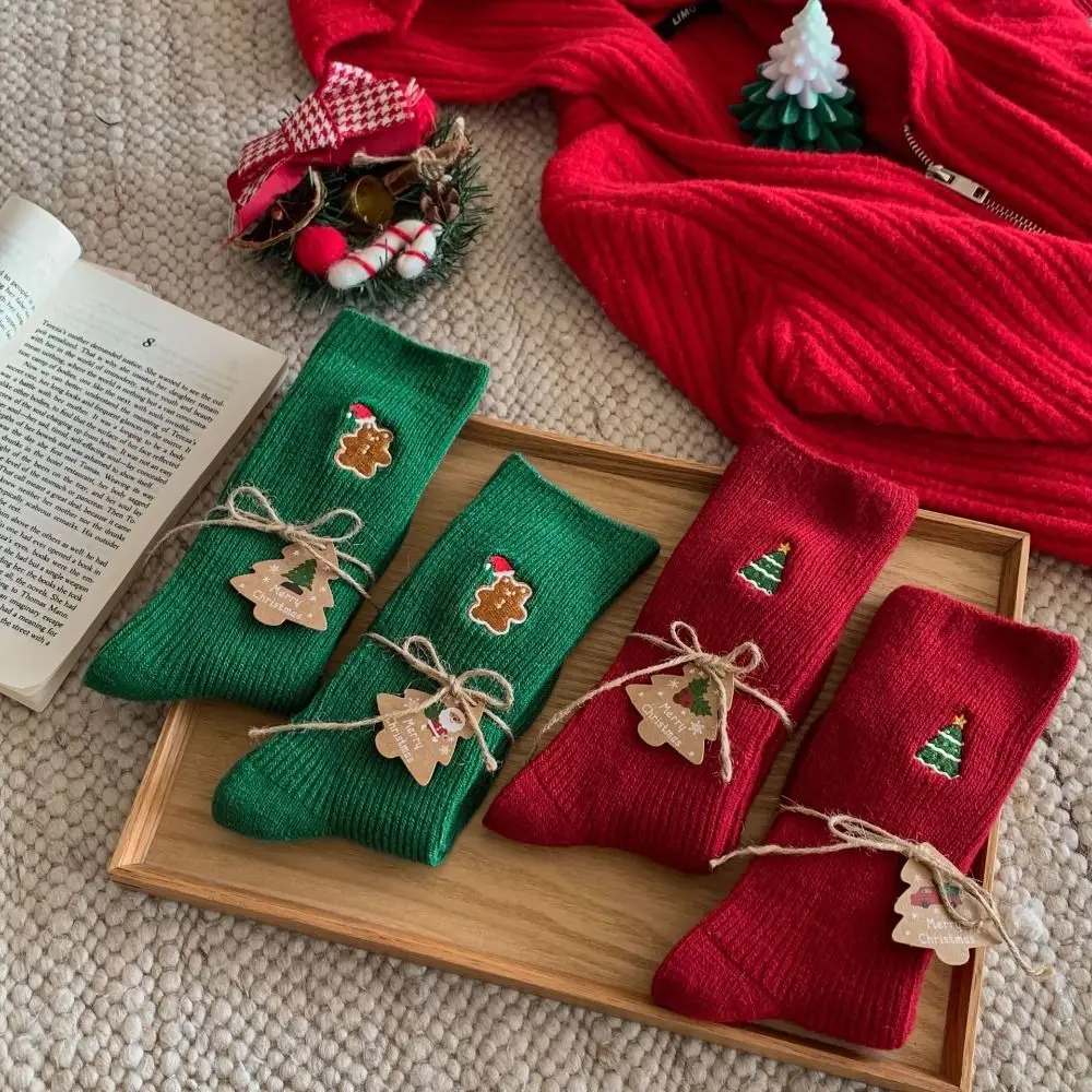 

Хлопковые рождественские носки с вышивкой, рождественская елка, пряничный человечек, чулочно-носочные изделия с героями мультфильмов, тканевые аксессуары, носки средней длины в корейском стиле