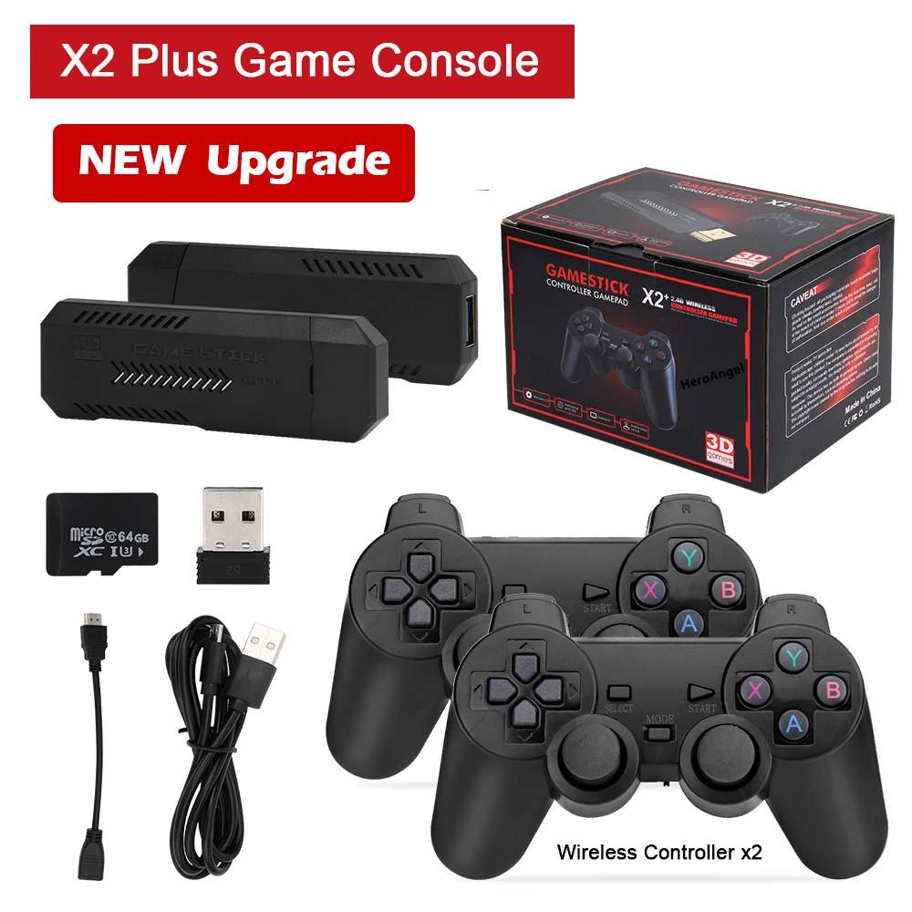 NEW Upgrade X2 PLUS Gamestick 3D Retro Video Game Console Wireless Controllers HDTV Out 40000 Games 40 Emulators for PSP/PS1/MAM