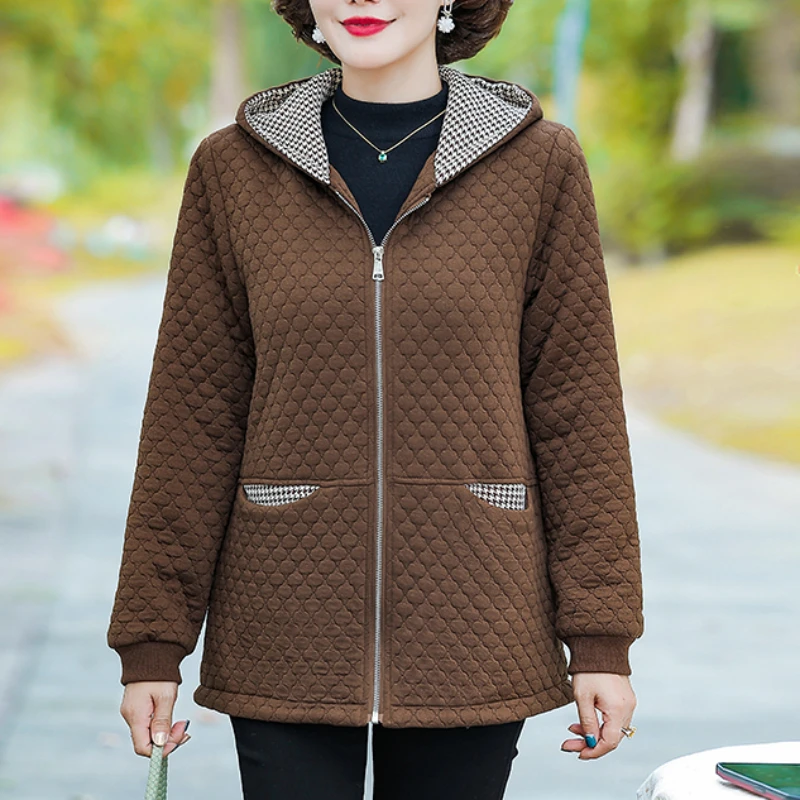 Women\'s Hooded Quilted Jacket Autumn Long-sleeved Jacket Parkas padded Tops Mother Cotton Coat Plus Size Feminino