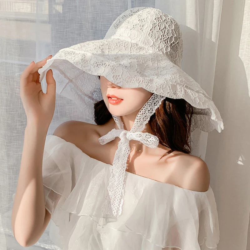 2023 New Fashion Women Summer Hat Ladies Solid Lace Wide Brim Sun Hat Bucket Cap Female Elegant Packable Panama Beach Hat