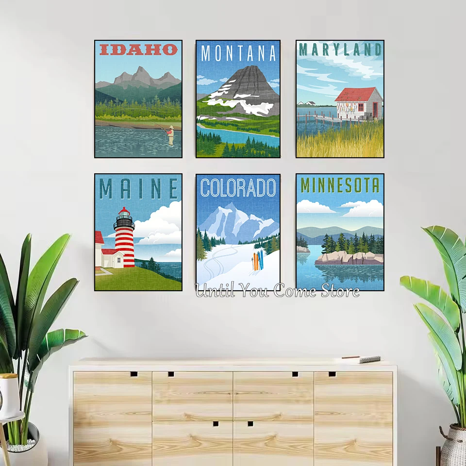 Majestic Mountains and Tranquil City Scenery Retro Poster Print Canvas Art Pictures Home for Bedroom Wall Decor Frameless
