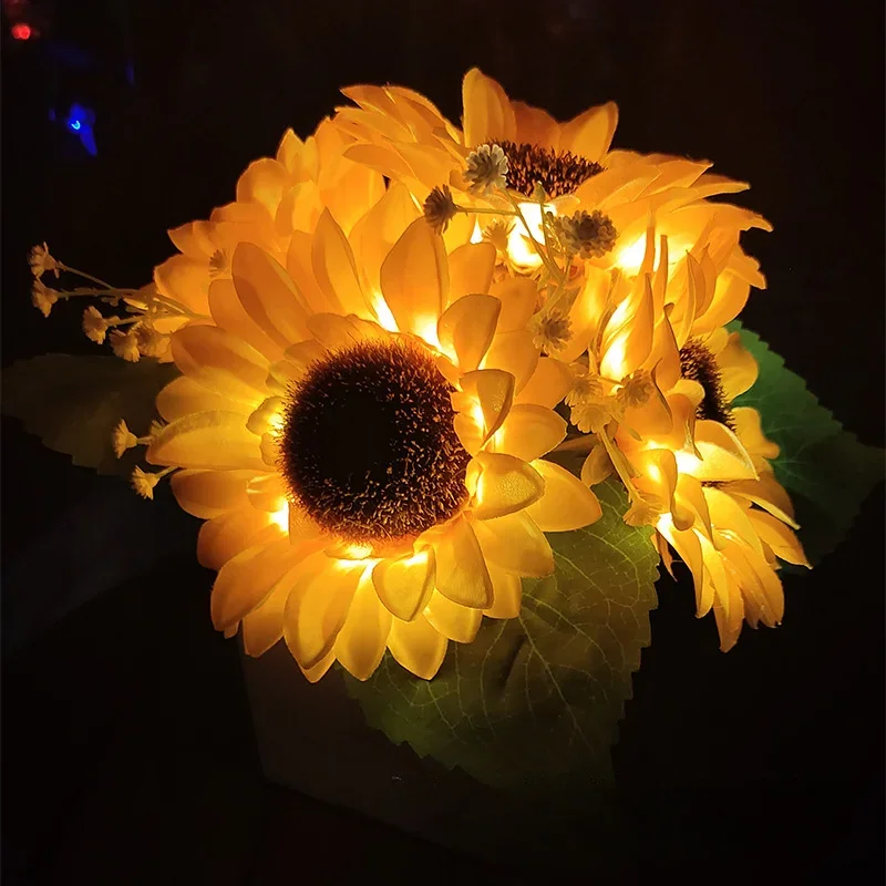 Popular Sunflower Pot Light Indoor Decoration Sunflower Simulation Flower Decorative Desktop Led Pottery Atmosphere Night Light