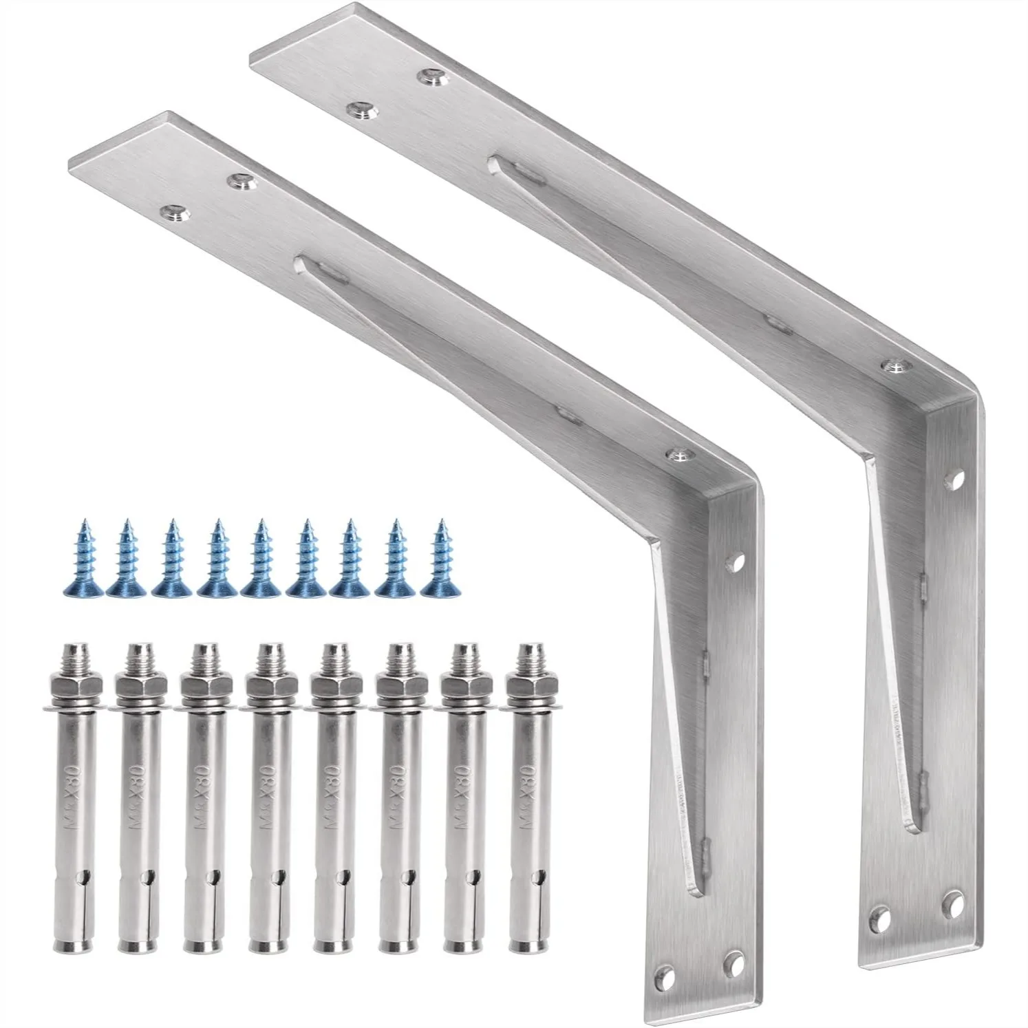 

Heavy Duty Shelf Bracket 12x8x2 in, 1/5in Thick Stainless Steel L Brackets Wall Mounted, 2 Pack with Hardware