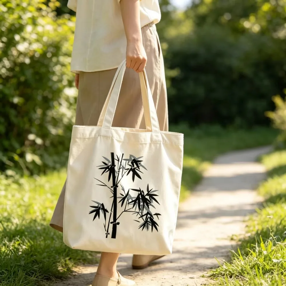 Personalized Bamboo Canvas Tote Bags Custom Name Chinese Ink Plant Botanical Grocery Shopping Bag Reusable for Women Girls Gifts