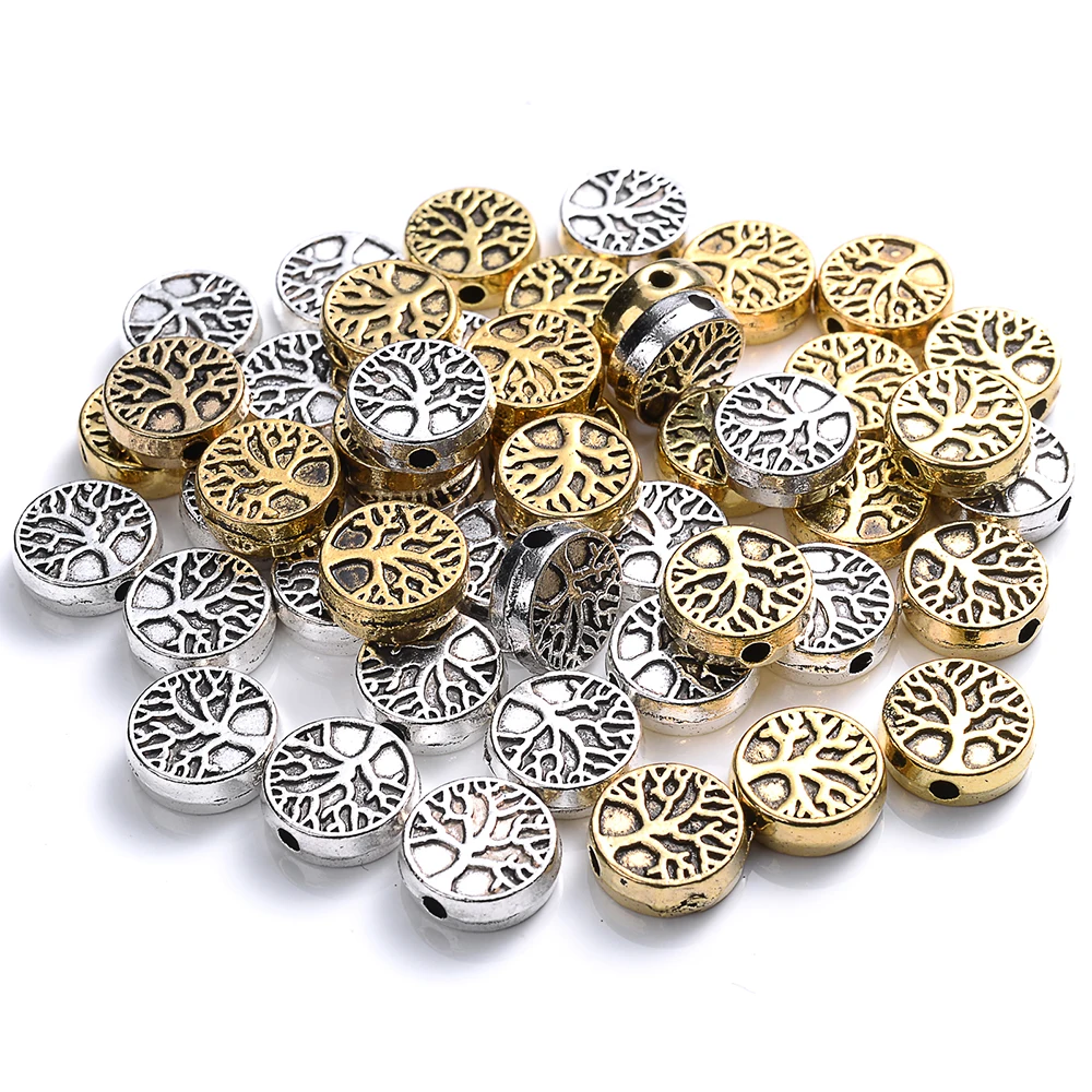 iYOE 30pcs 9mm Round Flat Life Tree Beads Antique Metal Spacer Beads For Making Beaded Bracelet DIY Jewelry Supplies Accessories