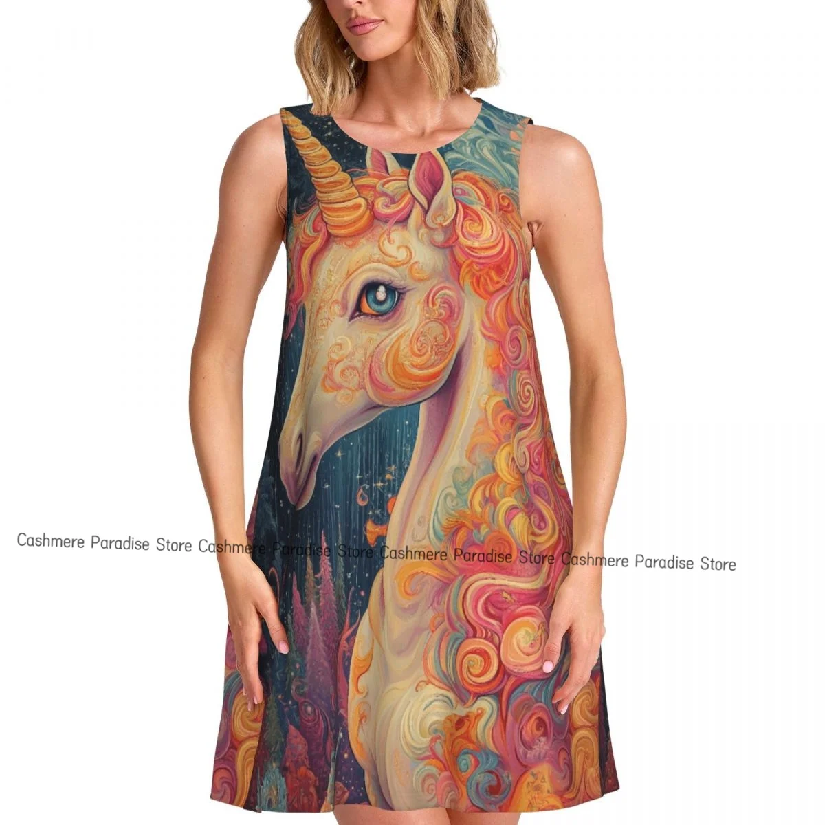 فستان نسائي فانتاسي يونيكورن صيفي كاجوال فساتين تي شيرت لتغطية الشاطئ فستان بدون أكمام #1