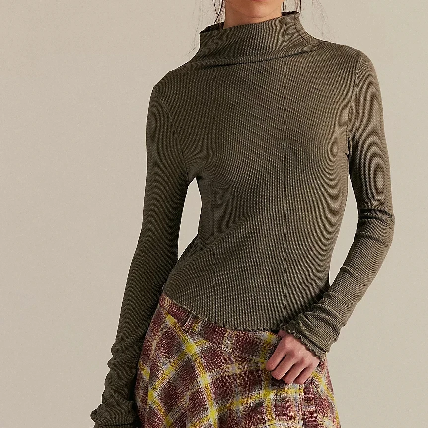 قمصان نسائية فاخرة ذات ياقة مدورة وأكمام طويلة بقصة ضيقة وقمصان خريفية مضلعة صلبة للمكتب اليومي #1