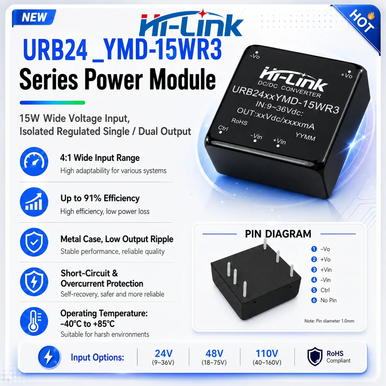 Hi-Link URB2405YMD URB2412YMD URB2424YMD 15W 5V  DC DC Converter DIP Block 4:1 Wide Input 1500VDC Shield 91 Efficient Dual Chan