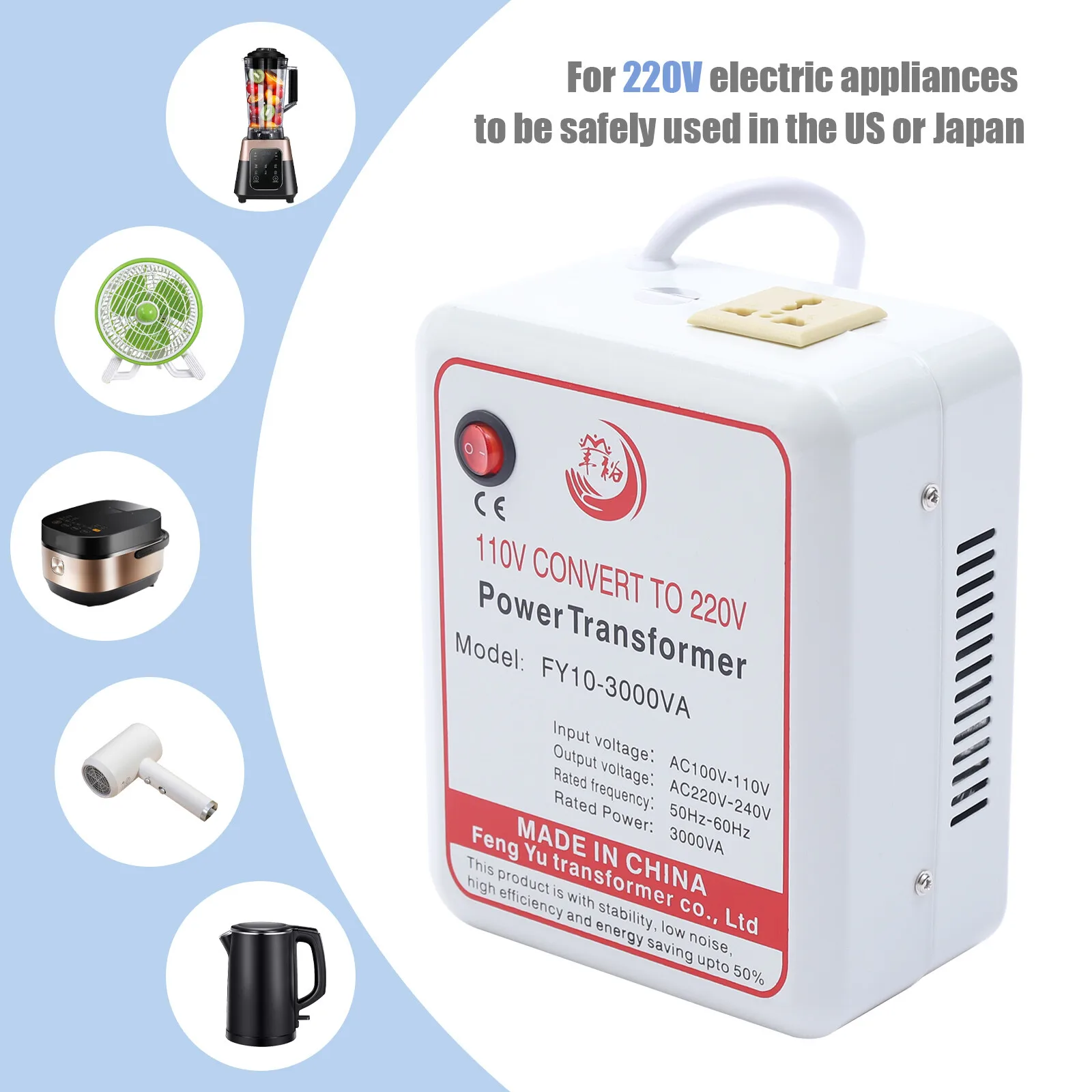 

3kW Power Transformer Step Up Voltage Converter Adapter 110V-120V to 220V-240V 6.3*3.81*7.87 in