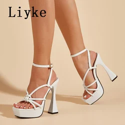 Liyke Size 41 Sexy 14CM Strange High Heels Platform Sandals Women Summer Fashion Open Toe Ankle Strap Ladies Party Dress Shoes