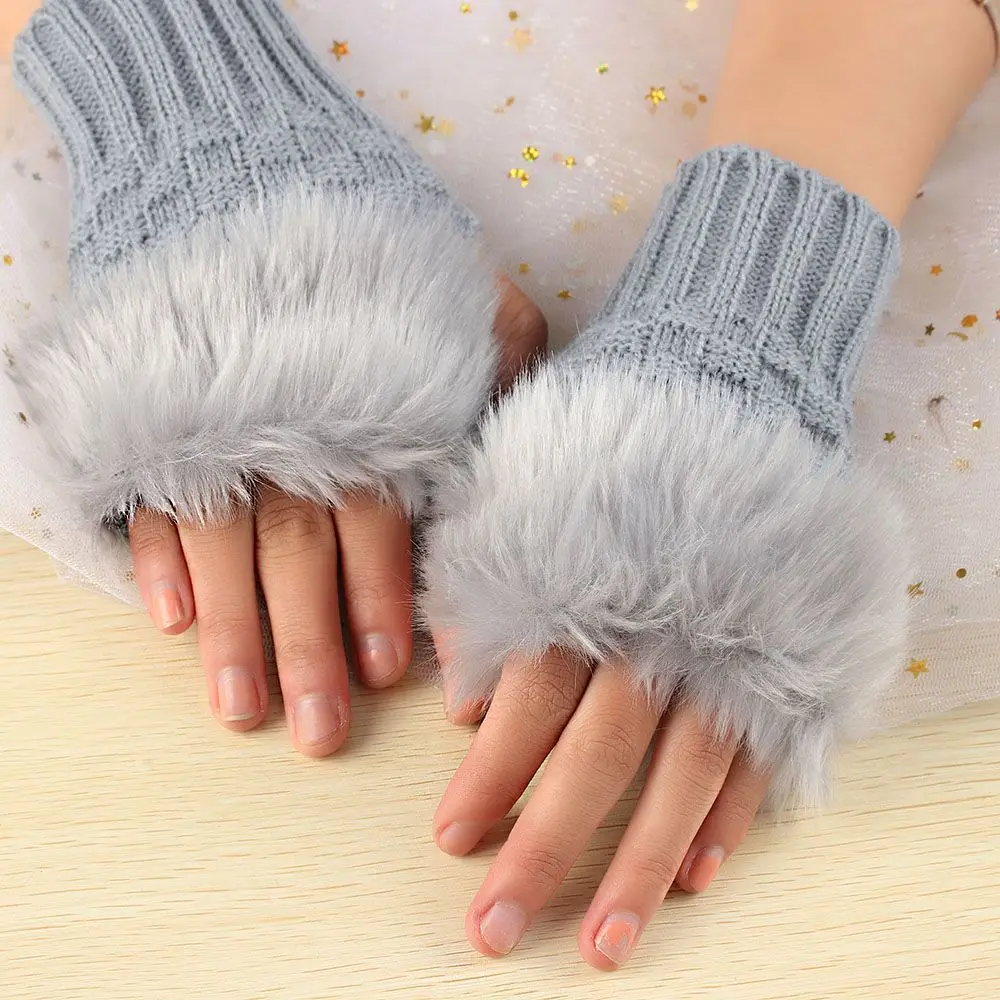 Winter Keep Finger Warm Elastic Warm Mittens Faux Rabbit Hair Gloves Thicken Warm Knitted Gloves