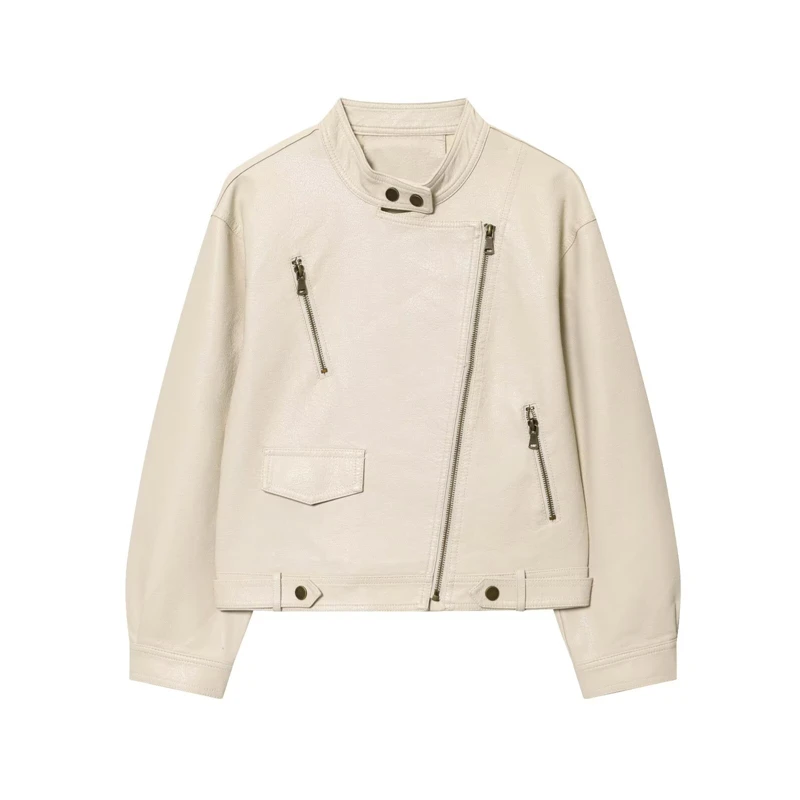 เสื้อแจ็คเก็ตหนังเทียมสั้นสำหรับผู้หญิง คอลเลคชั่นฤดูใบไม้ผลิ 2026 สไตล์ลำลอง คอทรงโอ ซิปแบบไม่สมมาตร ทรงหลวม ผ้า PU
