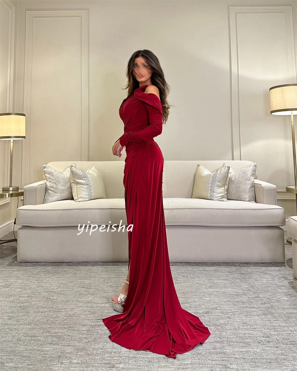 Customized Exquisite Sparkle Jersey Ruched Homecoming A-line Off-the-shoulder Bespoke Occasion Gown Long Dresses