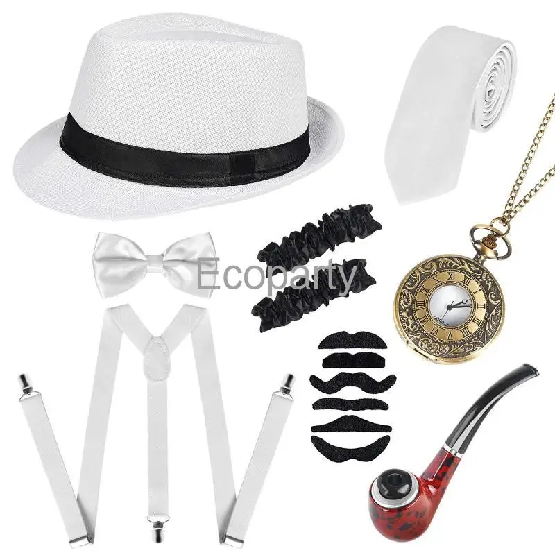 New 1920s Mens Great Gatsby Cosplay Costume Suit 8pcs Men Gangster Party Props Hat Cigar Suspender Pocket Watch Accessories Set