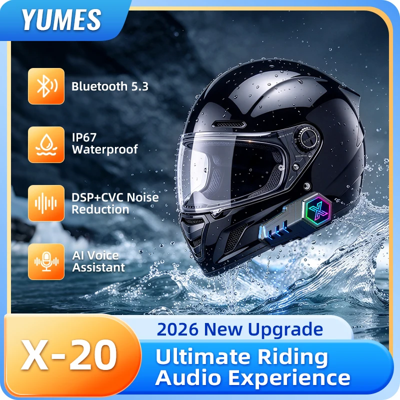X20 Motorcycle Helmet Bluetooth Headset, Bluetooth 5.3 Stereo with LED Light, Outdoor Dustproof Waterproof for Moto
