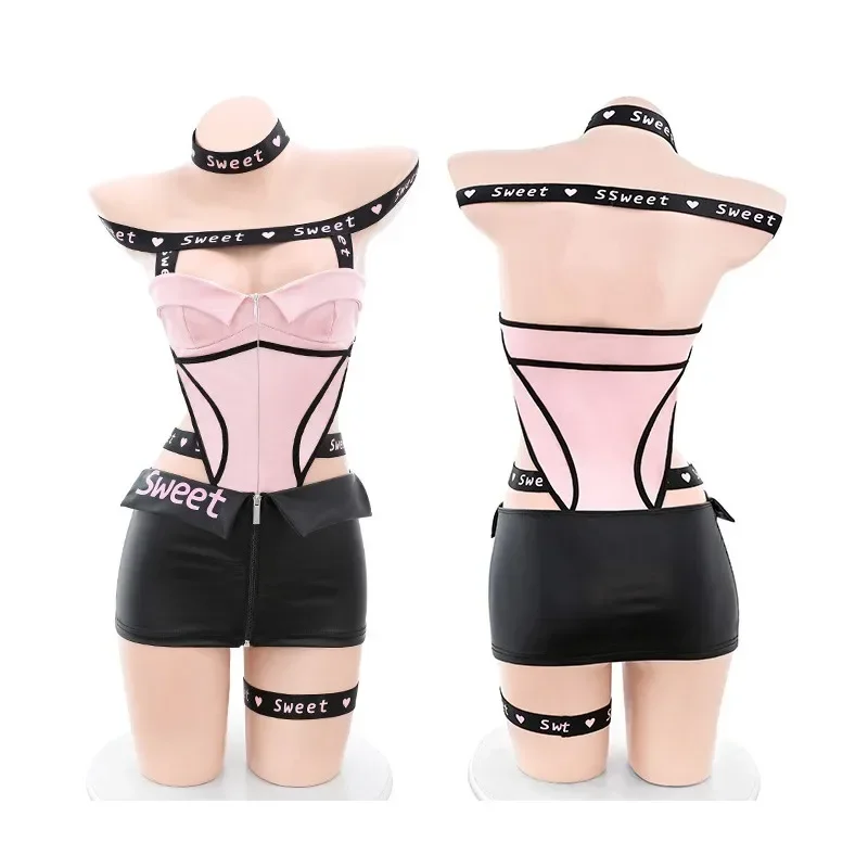 

Anime Sexy Uniform Car Model Cheerleading Cosplay Women Pink Cool Hollow Out Halter Bodysuit Elastic Band Suit Pajamas Costumes