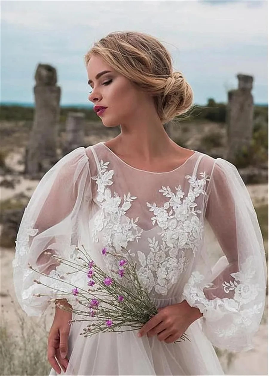 Fabulous Tulle Jewel Neck A-line Wedding Dress 2023 Lace Appliques Long Puffy Sleeves Bridal Gowns Boho Vestidos De Noiva