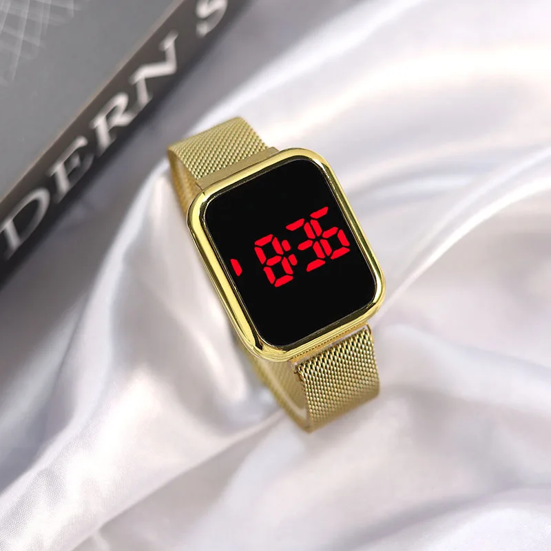 Простые цифровые часы для женщин, роскошные светодиодные часы с магнитным металлическим сетчатым ремешком, спортивные модные женские электронные часы