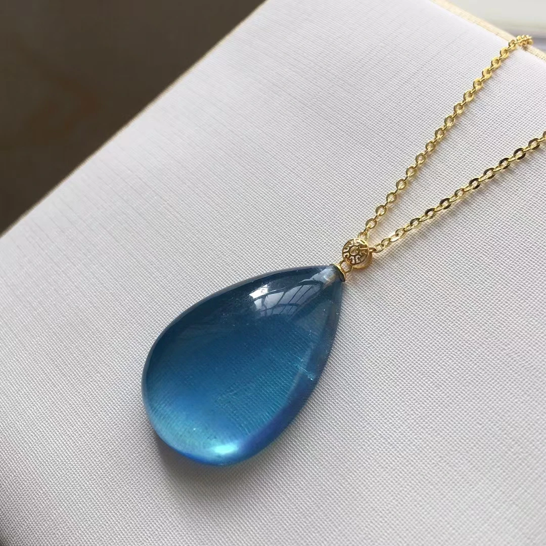 

Natural Blue Aquamarine Bead Pendant Crystal 18K Gold Brazil 29*19*8mm Water Drop Bead Women Aquamarine Necklace AAAAAA