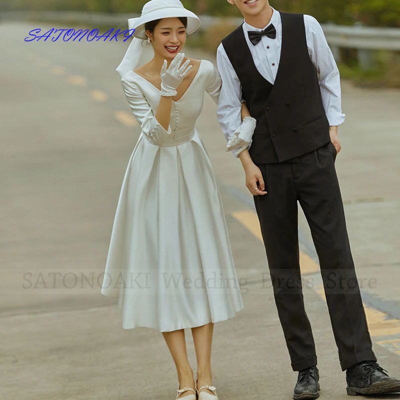 

Vestidos De Novia Boho Simple Satin Short Wedding Dresses for Women V-Ncek 3/4 Sleeves Tea Length Custom Made Bridal Gown Mariée